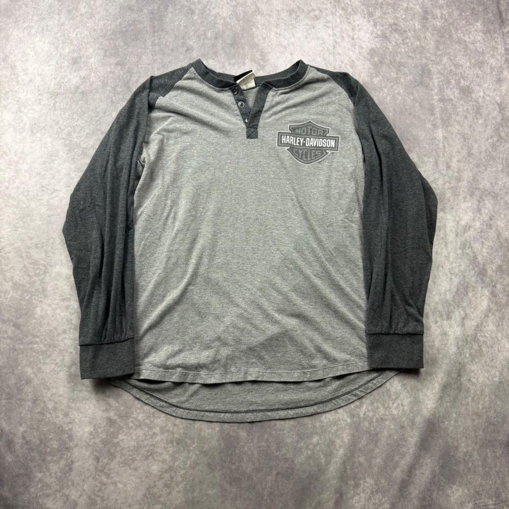 Harley-Davidson Henley Shirt Mens Large Grey Denali Park Alaska Long Sleeve